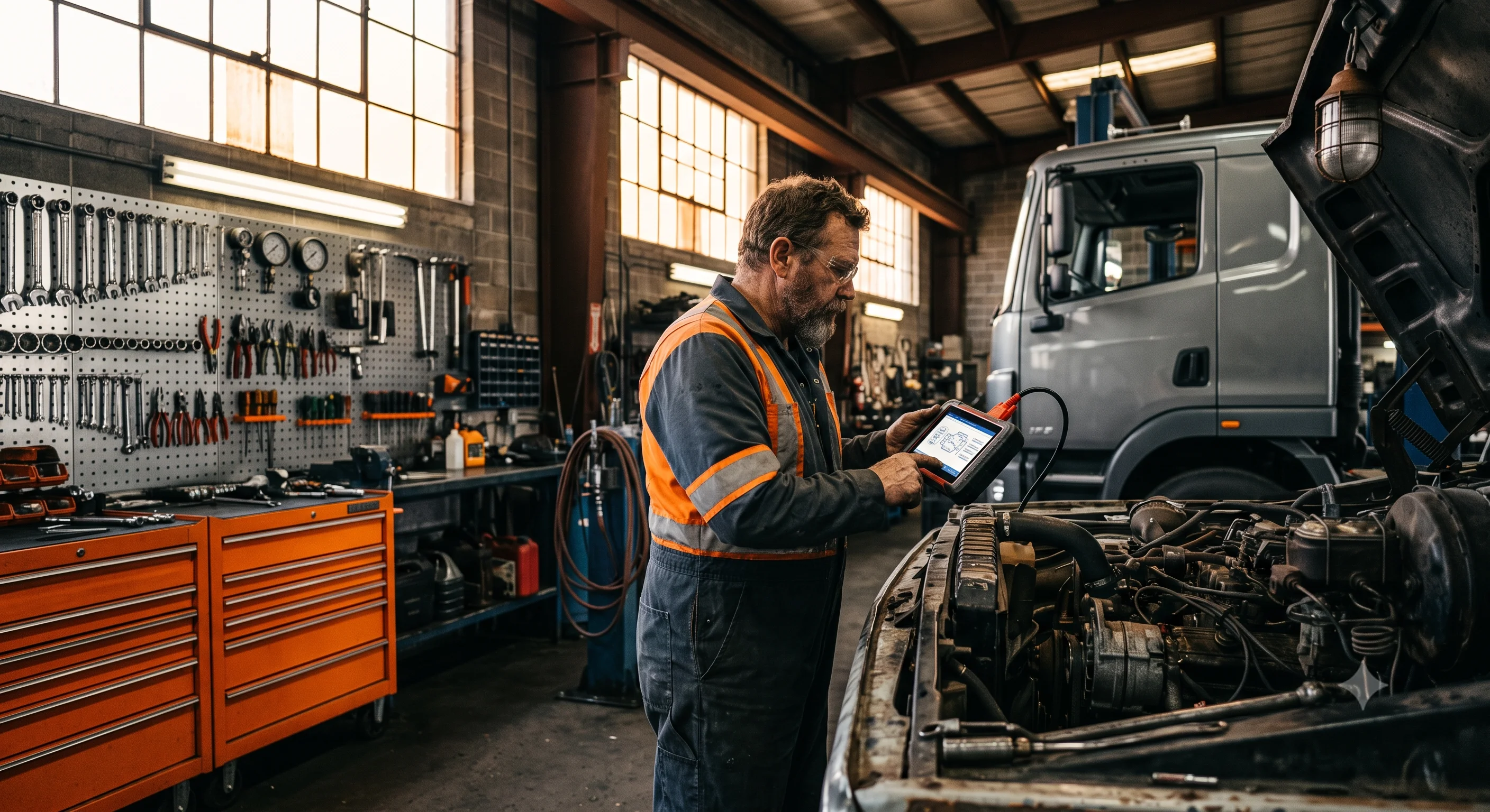 Técnico automotriz usando escáner de diagnóstico en camión diésel, taller mexicano moderno