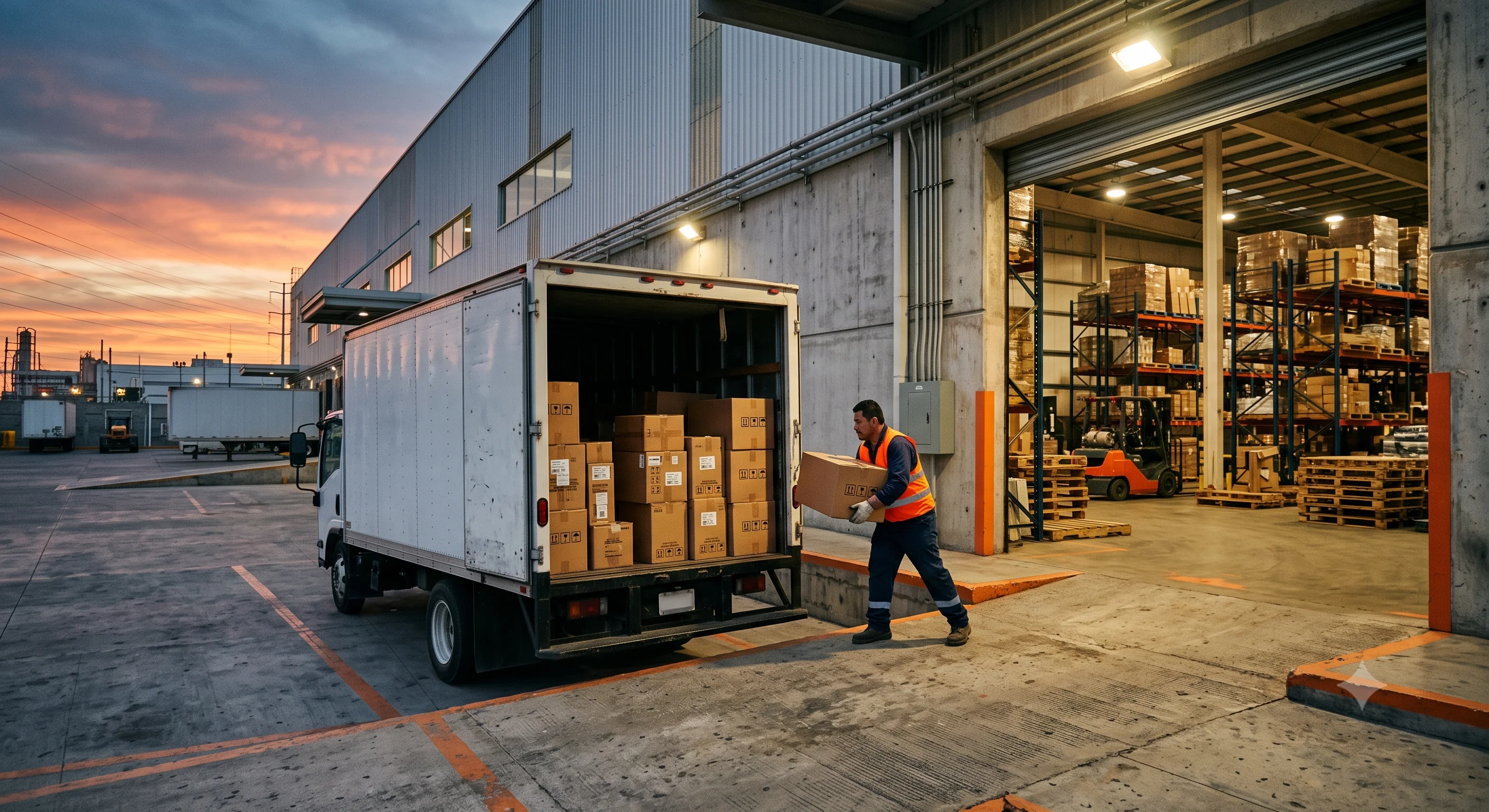 Bodega de distribución al atardecer, camioneta de reparto cargada con equipo embalado