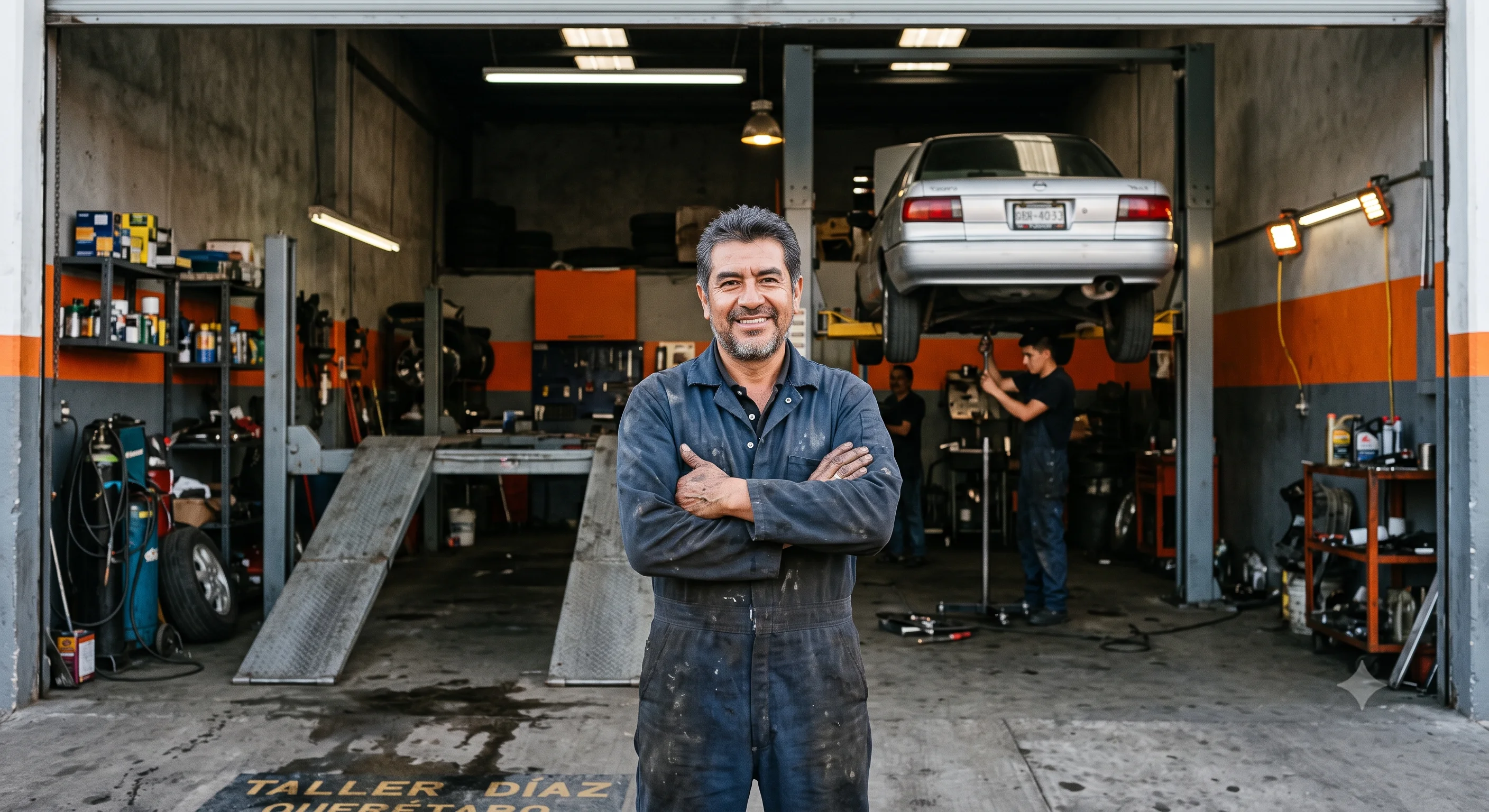 Dueño de taller mecánico mexicano sonriendo frente a su taller con vehículo en rampa al fondo