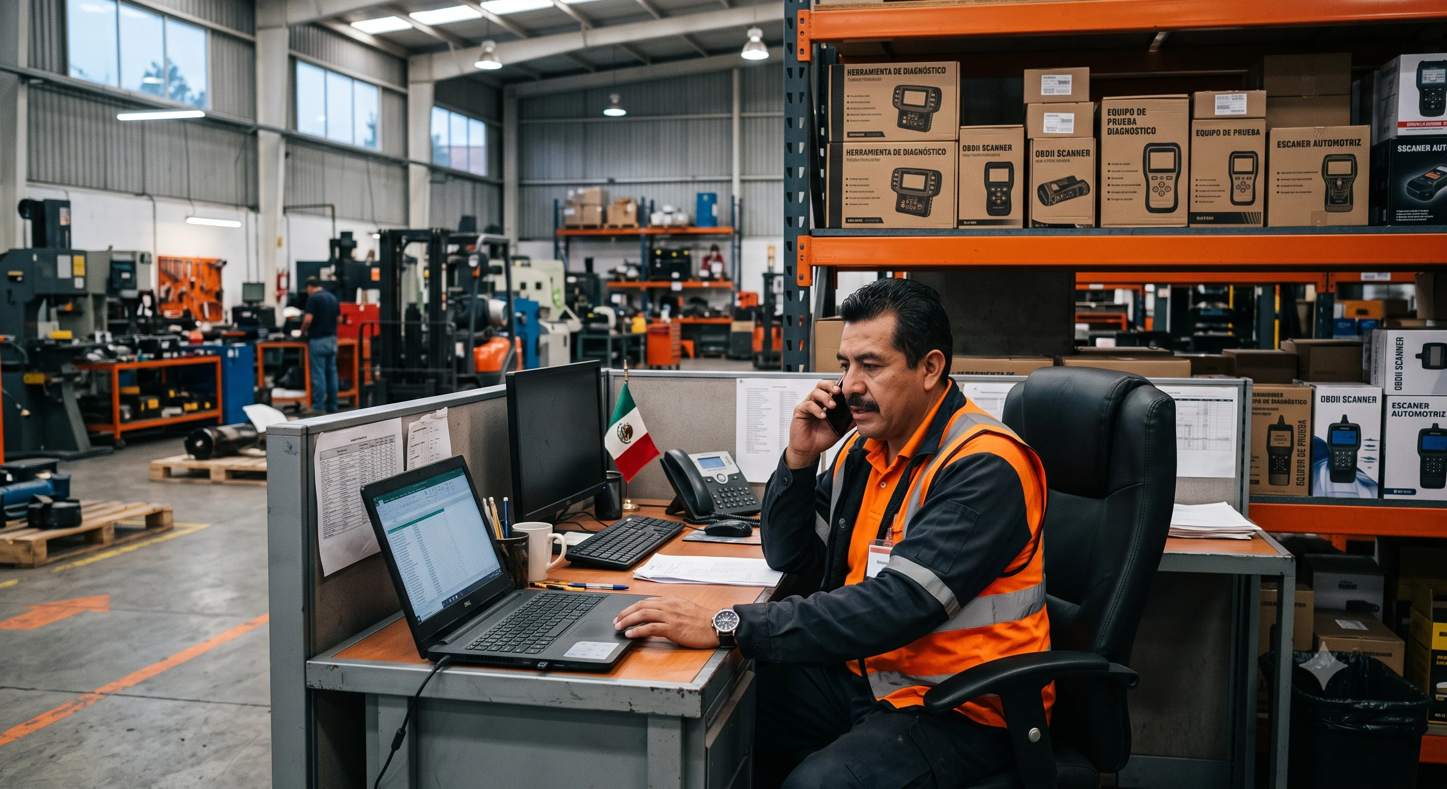 Asesor de ventas atendiendo por teléfono en oficina dentro de bodega de herramientas y equipo de diagnóstico
